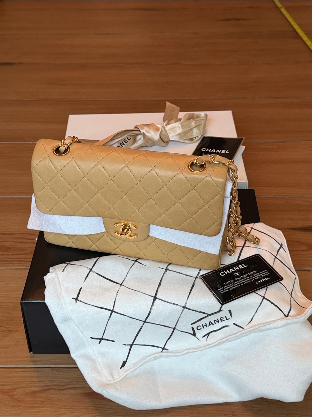 CHANEL Small Classic Vintage Double Flap Beige Quilted Lambskin with Gold Plated